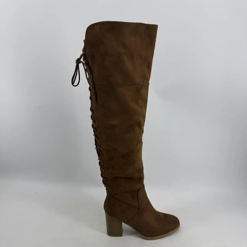 Soda Over The Knee Riding Boots Womens 8.5 Chestnut Faux Suede Lace Up Aspire-S